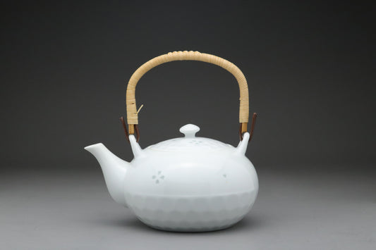 Japanese Porcelain Teapot | White Tea Kettle with Rattan Handle | Sakura Flower Pattern Teaware | Elegant Oriental Home Tableware Items Sets