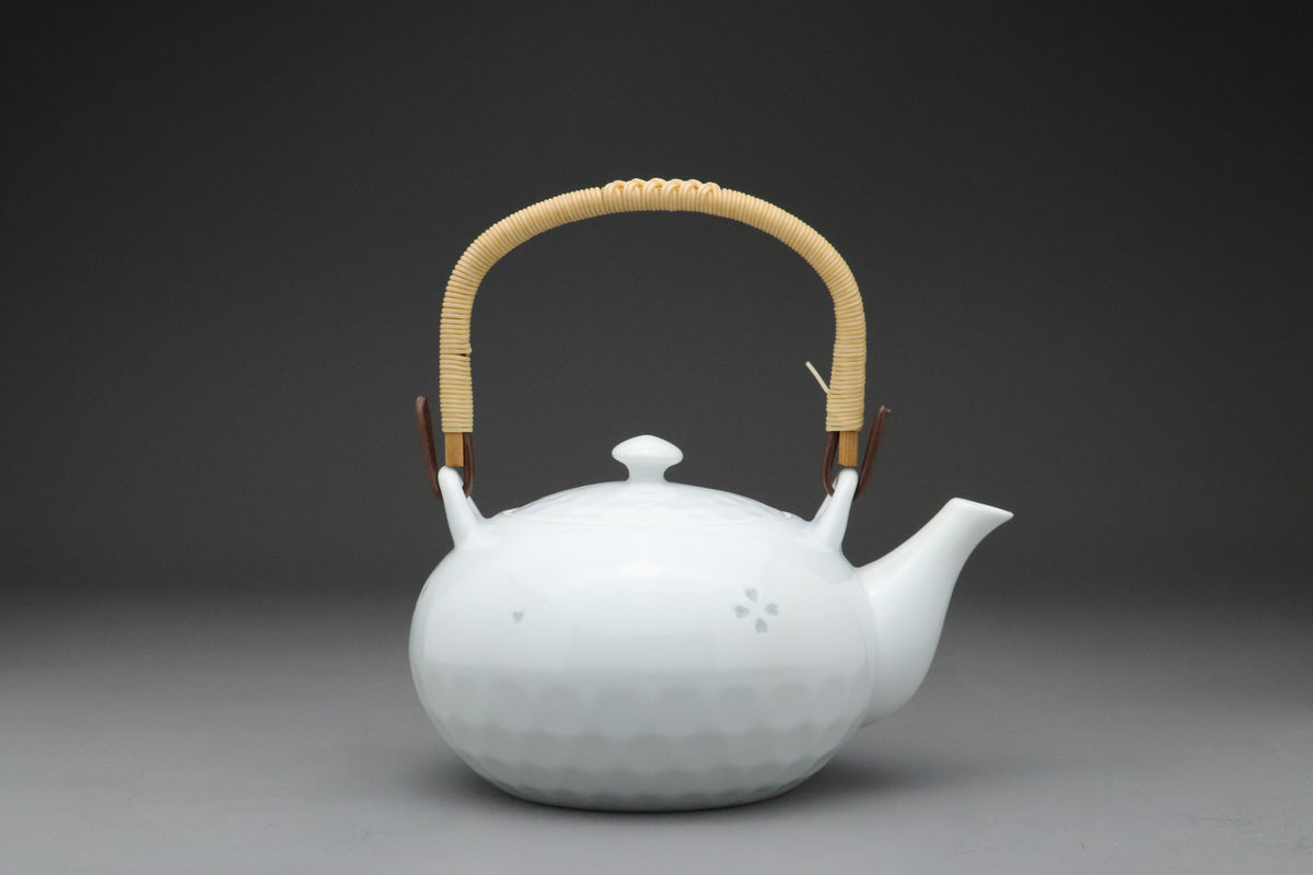 Japanese Porcelain Teapot | White Tea Kettle with Rattan Handle | Sakura Flower Pattern Teaware | Elegant Oriental Home Tableware Items Sets