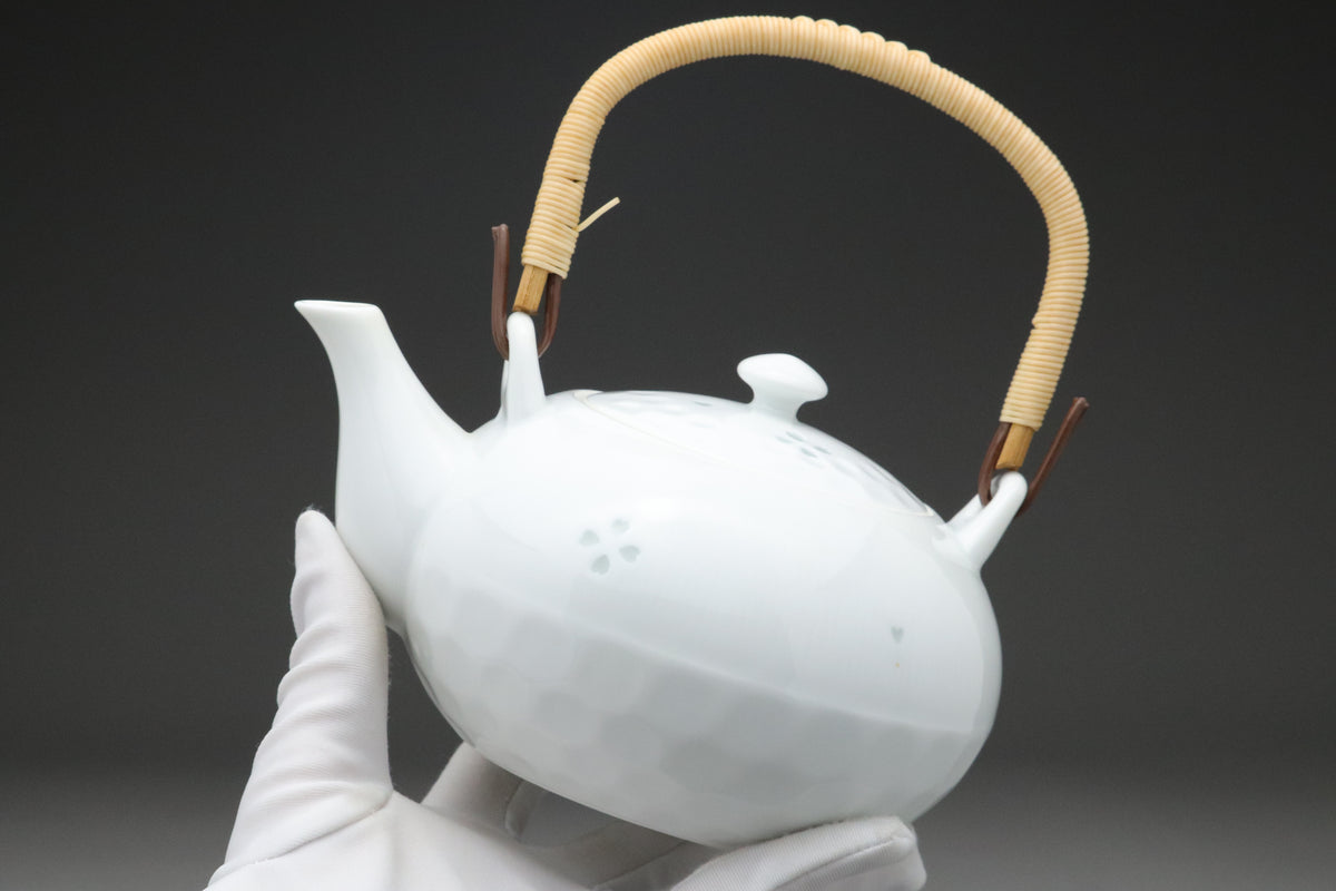 Japanese Porcelain Teapot | White Tea Kettle with Rattan Handle | Sakura Flower Pattern Teaware | Elegant Oriental Home Tableware Items Sets