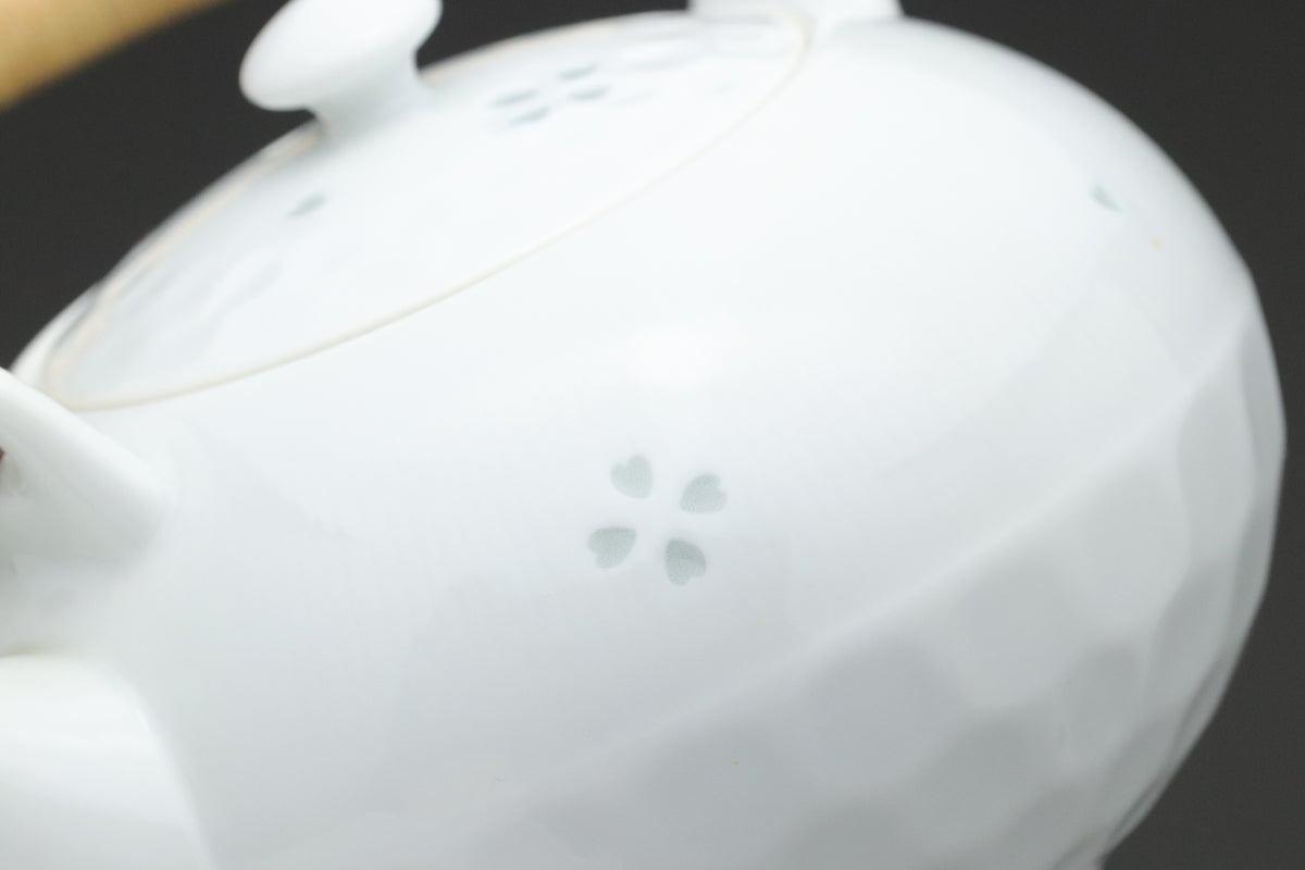 Japanese Porcelain Teapot | White Tea Kettle with Rattan Handle | Sakura Flower Pattern Teaware | Elegant Oriental Home Tableware Items Sets