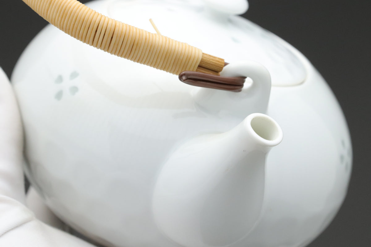 Japanese Porcelain Teapot | White Tea Kettle with Rattan Handle | Sakura Flower Pattern Teaware | Elegant Oriental Home Tableware Items Sets