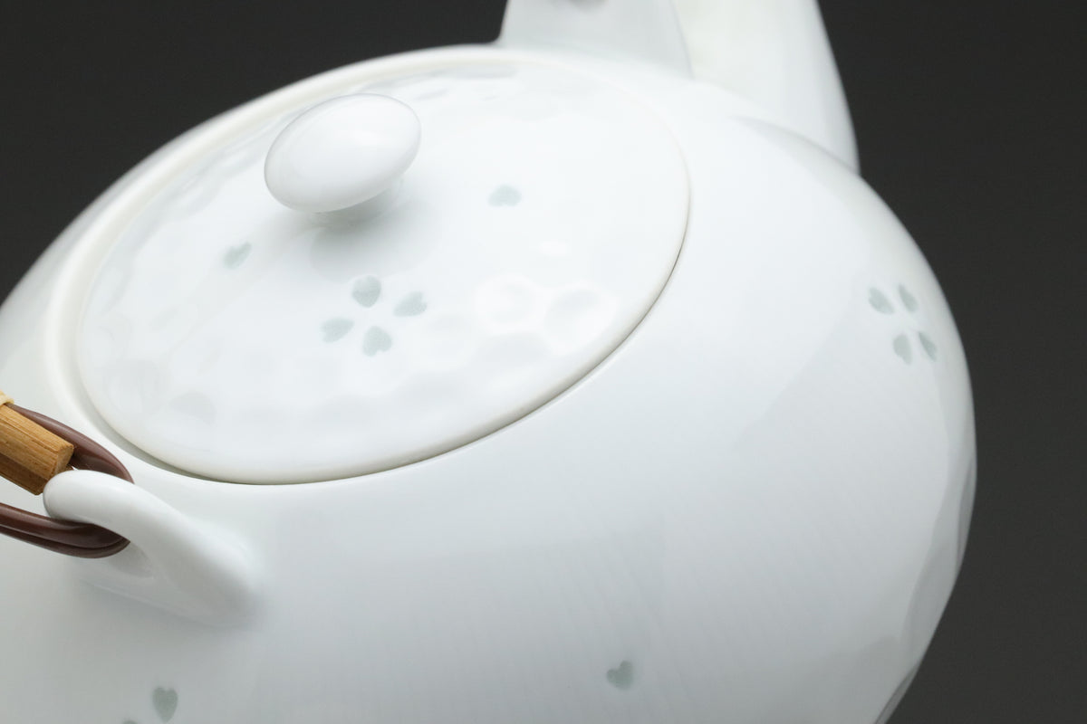 Japanese Porcelain Teapot | White Tea Kettle with Rattan Handle | Sakura Flower Pattern Teaware | Elegant Oriental Home Tableware Items Sets