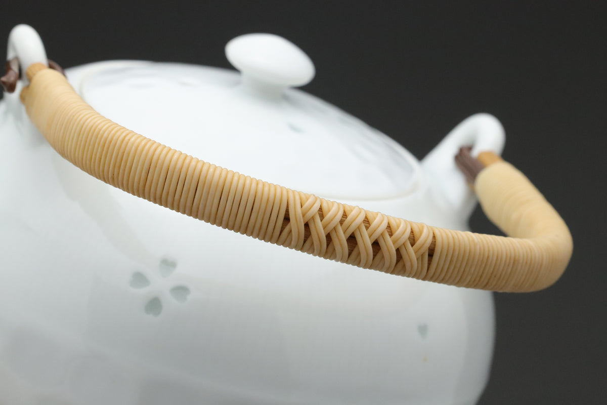 Japanese Porcelain Teapot | White Tea Kettle with Rattan Handle | Sakura Flower Pattern Teaware | Elegant Oriental Home Tableware Items Sets