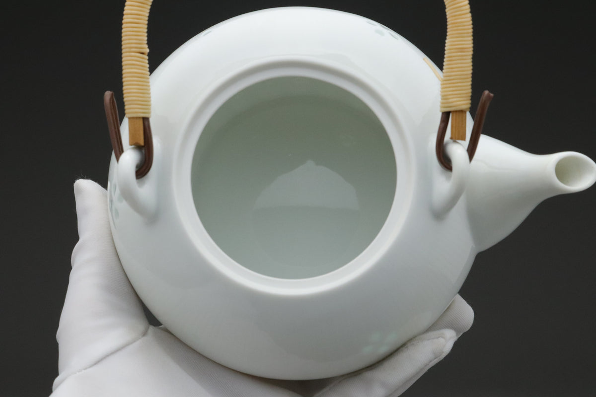 Japanese Porcelain Teapot | White Tea Kettle with Rattan Handle | Sakura Flower Pattern Teaware | Elegant Oriental Home Tableware Items Sets