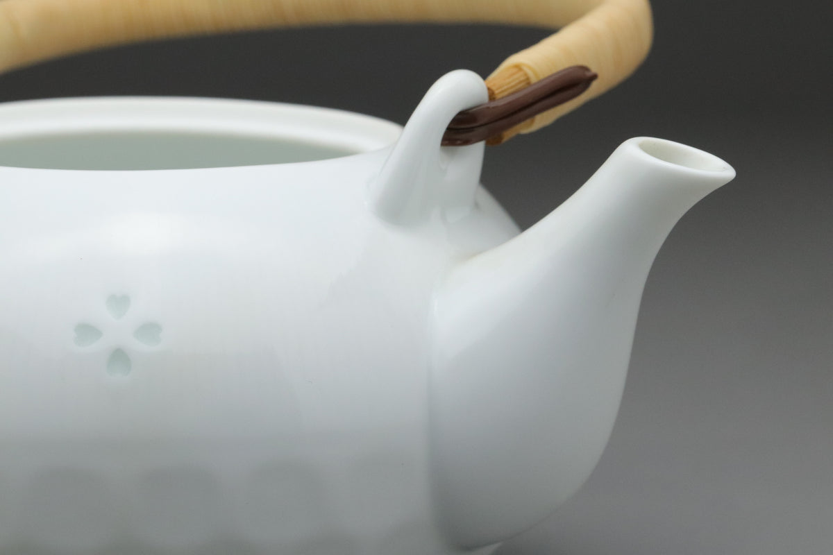 Japanese Porcelain Teapot | White Tea Kettle with Rattan Handle | Sakura Flower Pattern Teaware | Elegant Oriental Home Tableware Items Sets