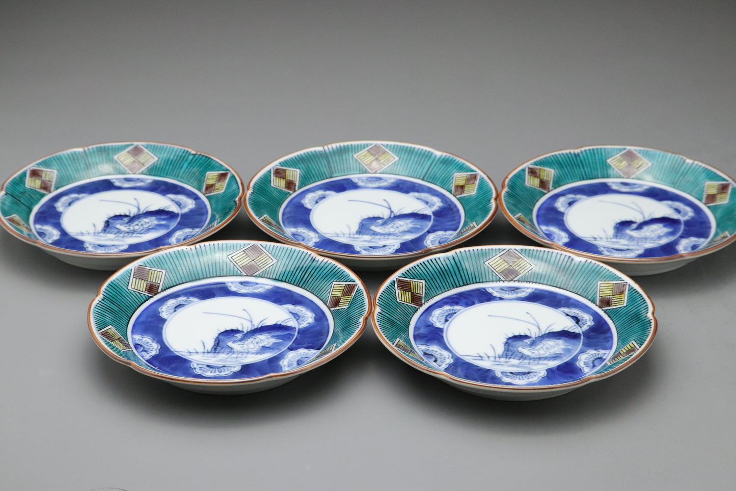 Kutani Kasyo | Japanese Porcelain Set of 5 Plates | Hand Painted Blue Green | Vintage Kutani Ware | Wooden Gift Box | Small Appetizer Dishes