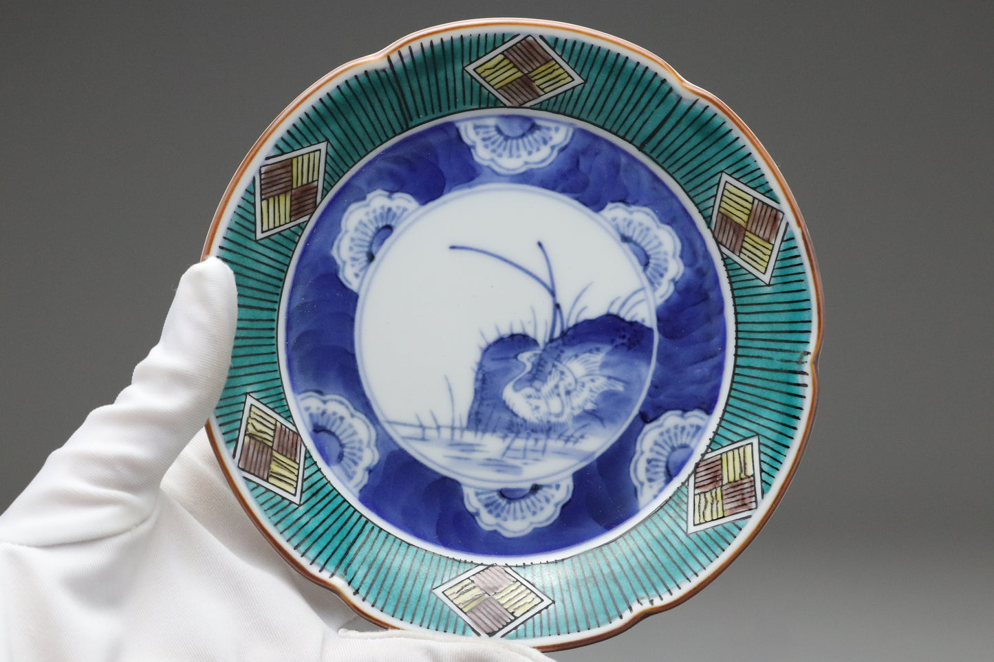 Kutani Kasyo | Japanese Porcelain Set of 5 Plates | Hand Painted Blue Green | Vintage Kutani Ware | Wooden Gift Box | Small Appetizer Dishes