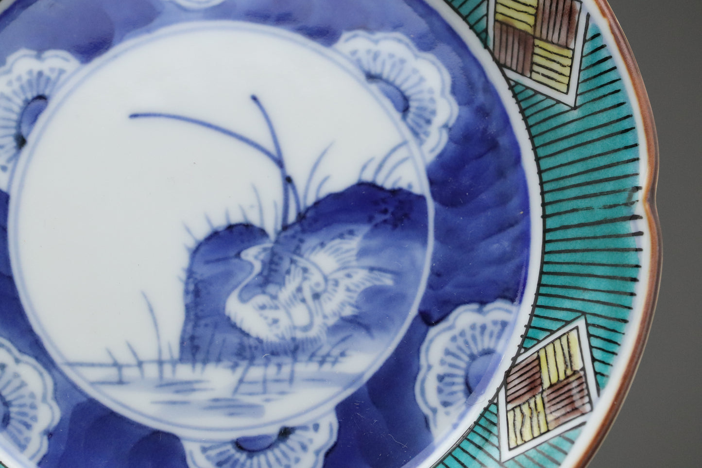 Kutani Kasyo | Japanese Porcelain Set of 5 Plates | Hand Painted Blue Green | Vintage Kutani Ware | Wooden Gift Box | Small Appetizer Dishes