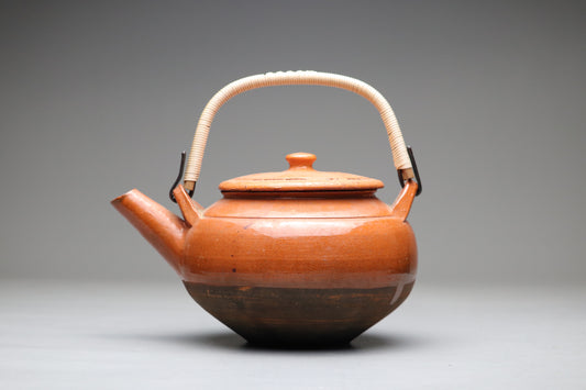 Japanese Vintage Kōzai ware Teapot Orange | Dobin with Rattan Handle | Handmade Kyusu | Wabi Sabi Tea Ware | Zen Home Decor | Rustic Kitchen