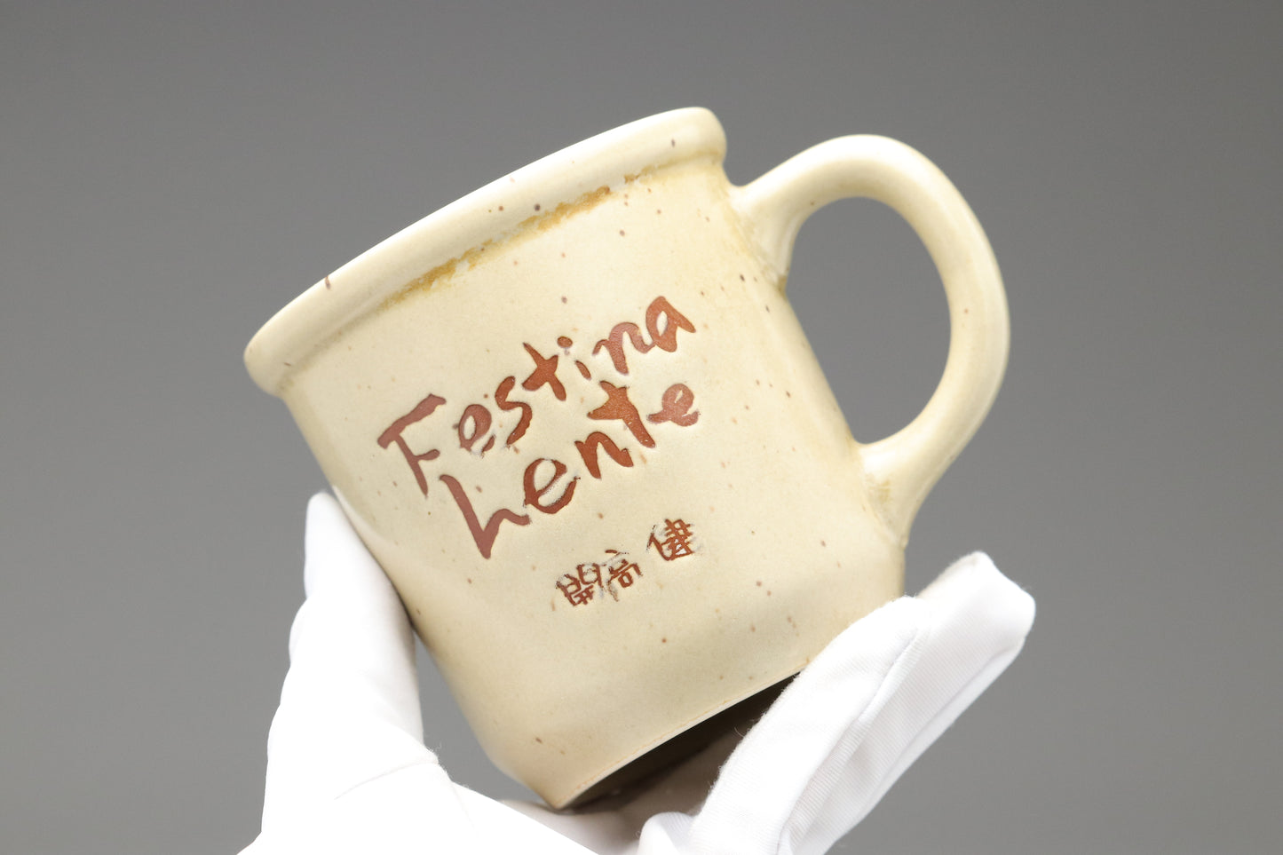 Takeshi Kaiko Festina Lente Mug Set | Japanese Ceramic Pottery | Rare Vintage Collectible | Coffee Cup Gift for Author Fans | Beige Speckled