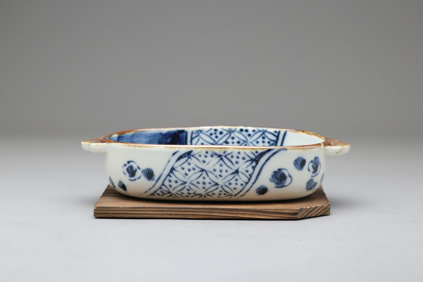 Seto Ware | Kinzan Kiln | Blue and White Ume Shonzui | Gratin Dish Set | Japanese Pottery | With Wood Trivets | Blue Floral Dish handpainted