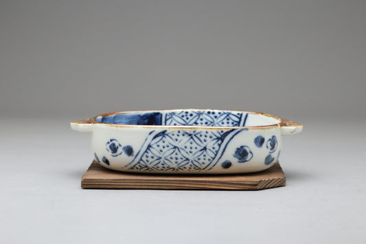 Seto Ware | Kinzan Kiln | Blue and White Ume Shonzui | Gratin Dish Set | Japanese Pottery | With Wood Trivets | Blue Floral Dish handpainted