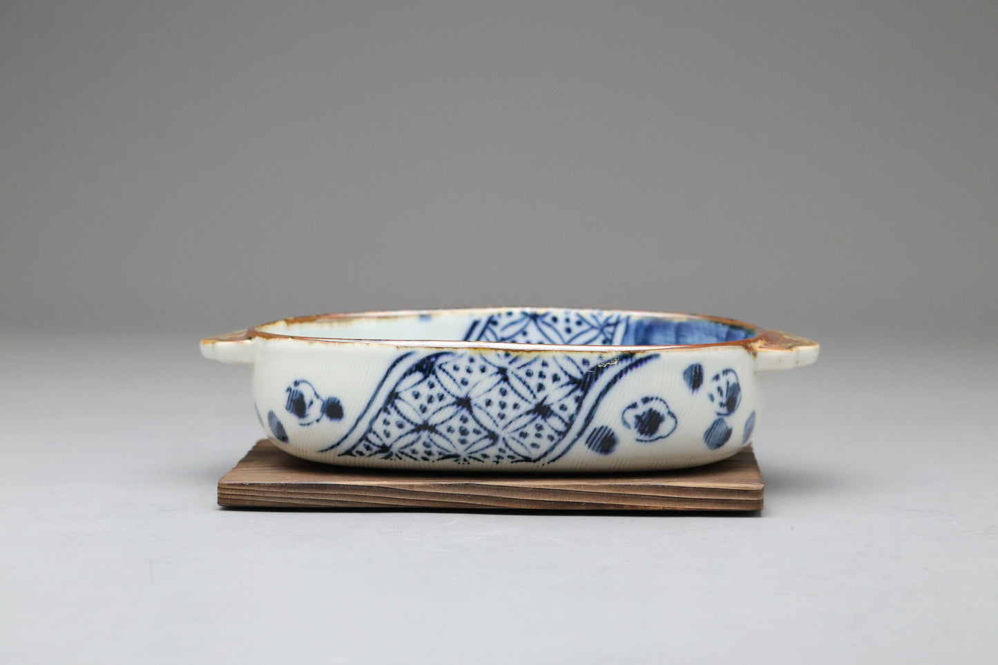 Seto Ware | Kinzan Kiln | Blue and White Ume Shonzui | Gratin Dish Set | Japanese Pottery | With Wood Trivets | Blue Floral Dish handpainted