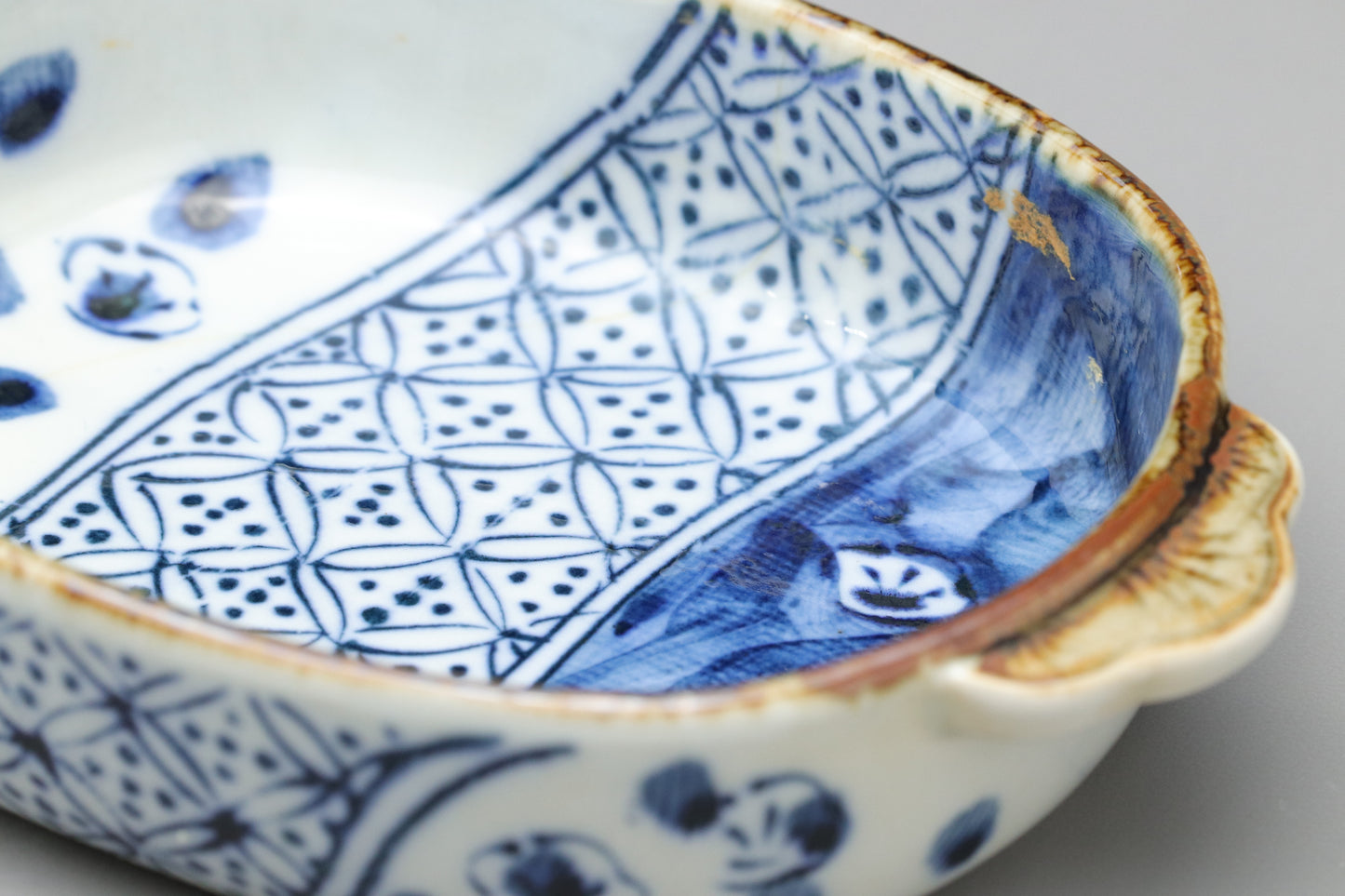 Seto Ware | Kinzan Kiln | Blue and White Ume Shonzui | Gratin Dish Set | Japanese Pottery | With Wood Trivets | Blue Floral Dish handpainted