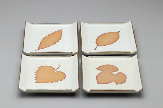 Japanese Pottery Set of 4 | Ceramic Leaf Plates | Rustic Wabi Sabi | Small Sushi Dish | Handmade Snack Plate | Pressed Leaf Design | Zen Gift