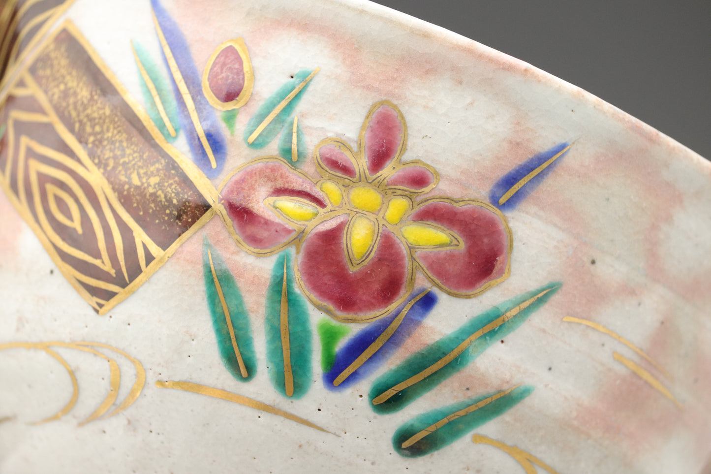 Japanese Kyoto Matcha Bowl | Tomosai Tanaka Kyo-Yaki | Handpainted Iris & Yatsuhashi | Tea Ceremony Chawan | Gold Detail | Japanese Pottery