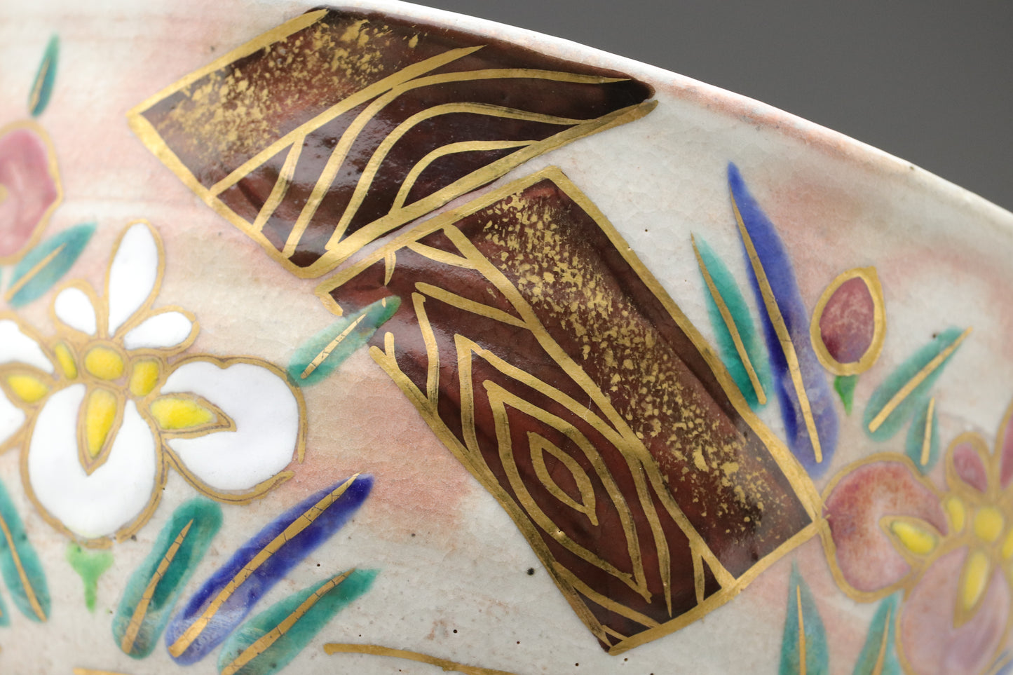 Japanese Kyoto Matcha Bowl | Tomosai Tanaka Kyo-Yaki | Handpainted Iris & Yatsuhashi | Tea Ceremony Chawan | Gold Detail | Japanese Pottery