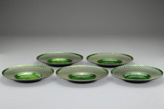 Japanese Cloisonne Enamel Tea Coasters | Set of 4 Ichimatsu Checker Green | Metal Saucer | Vintage Kyoto Ware | Modern Home Decor