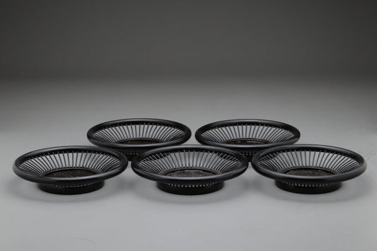 Japanese Vintage Tea Coasters | Set of 5 | Bamboo Weave Lacquerware | Chataku | Tea Ceremony Decor | Black Wicker Tableware | Handmade Japan