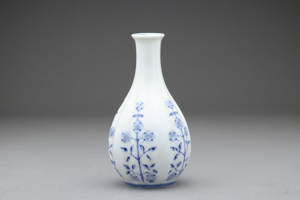 Japanese Sake Set | Arita Ware Kanzan | Blue and White Porcelain | Hand Painted Floral | Fluted Tokkurri Carafe and Ochoko Cup | Japan Arts