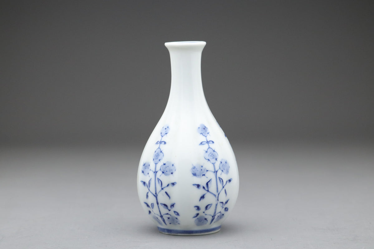 Japanese Sake Set | Arita Ware Kanzan | Blue and White Porcelain | Hand Painted Floral | Fluted Tokkurri Carafe and Ochoko Cup | Japan Arts