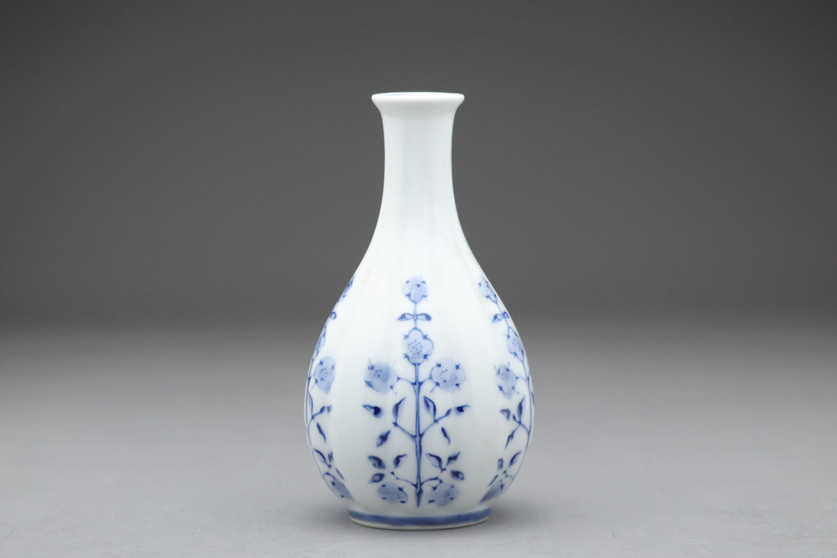 Japanese Sake Set | Arita Ware Kanzan | Blue and White Porcelain | Hand Painted Floral | Fluted Tokkurri Carafe and Ochoko Cup | Japan Arts