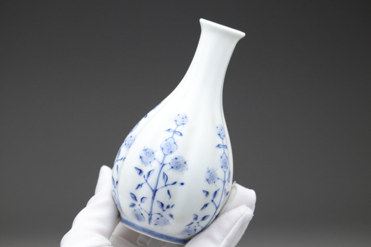 Japanese Sake Set | Arita Ware Kanzan | Blue and White Porcelain | Hand Painted Floral | Fluted Tokkurri Carafe and Ochoko Cup | Japan Arts