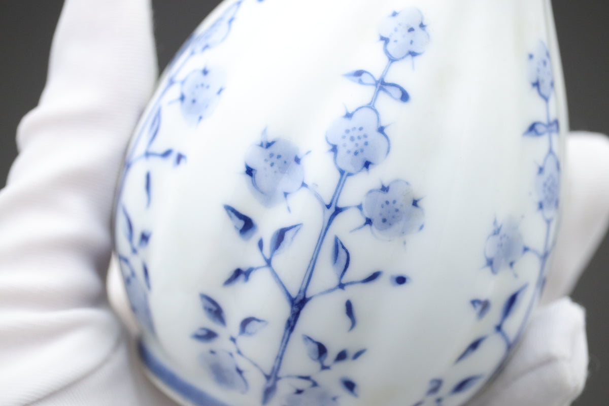 Japanese Sake Set | Arita Ware Kanzan | Blue and White Porcelain | Hand Painted Floral | Fluted Tokkurri Carafe and Ochoko Cup | Japan Arts