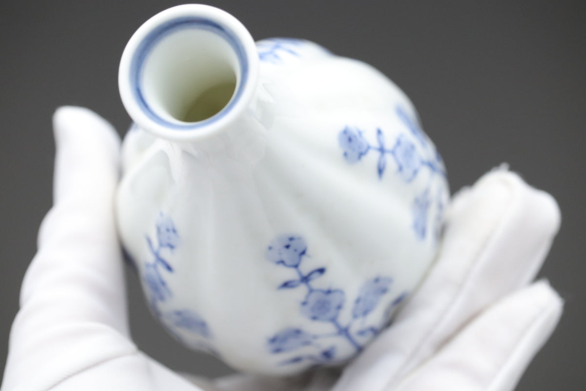 Japanese Sake Set | Arita Ware Kanzan | Blue and White Porcelain | Hand Painted Floral | Fluted Tokkurri Carafe and Ochoko Cup | Japan Arts