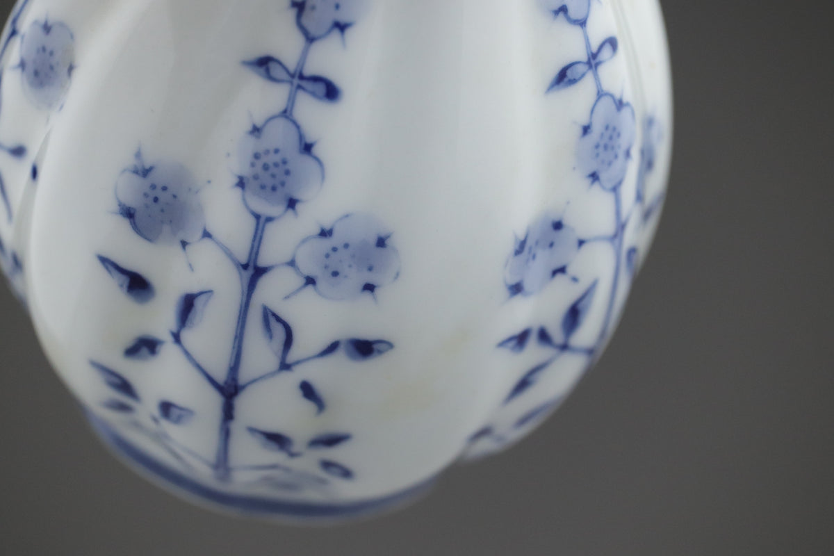 Japanese Sake Set | Arita Ware Kanzan | Blue and White Porcelain | Hand Painted Floral | Fluted Tokkurri Carafe and Ochoko Cup | Japan Arts