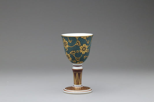 Vintage Japanese Kutani Ware Goblet by Gyokuhō II – Handcrafted Floral Porcelain Cup with Original Box – Mid Century Collectible Art"