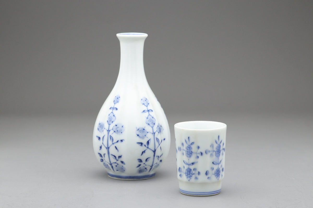 Japanese Sake Set | Arita Ware Kanzan | Blue and White Porcelain | Hand Painted Floral | Fluted Tokkurri Carafe and Ochoko Cup | Japan Arts