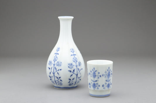 Japanese Sake Set | Arita Ware Kanzan | Blue and White Porcelain | Hand Painted Floral | Fluted Tokkurri Carafe and Ochoko Cup | Japan Arts