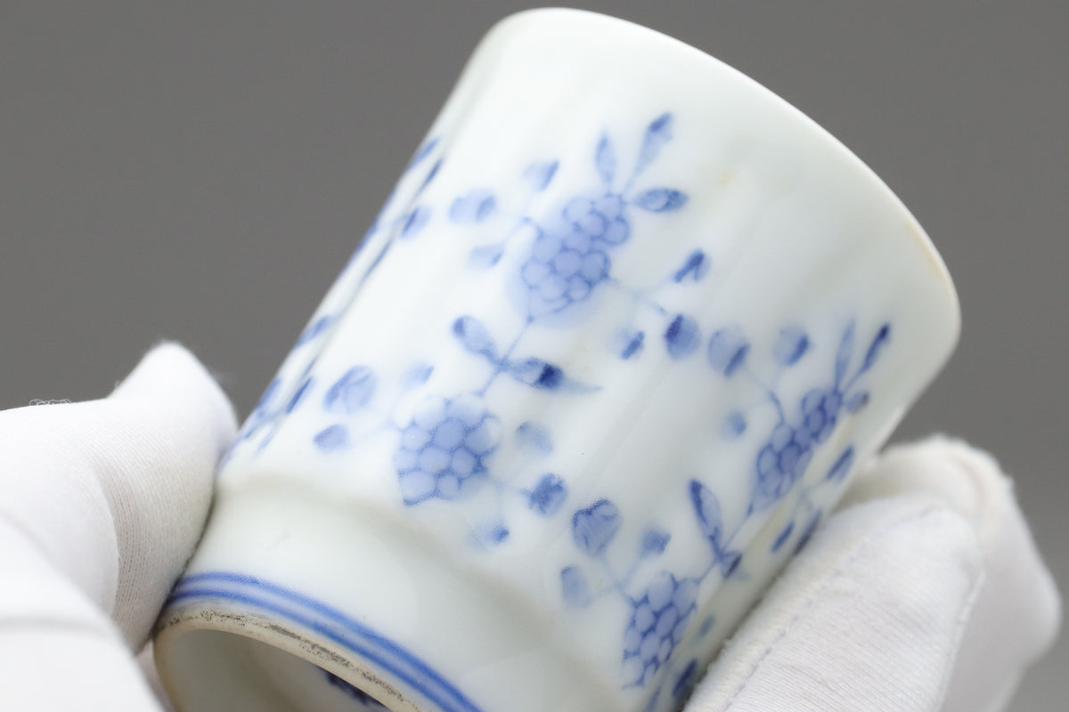 Japanese Sake Set | Arita Ware Kanzan | Blue and White Porcelain | Hand Painted Floral | Fluted Tokkurri Carafe and Ochoko Cup | Japan Arts