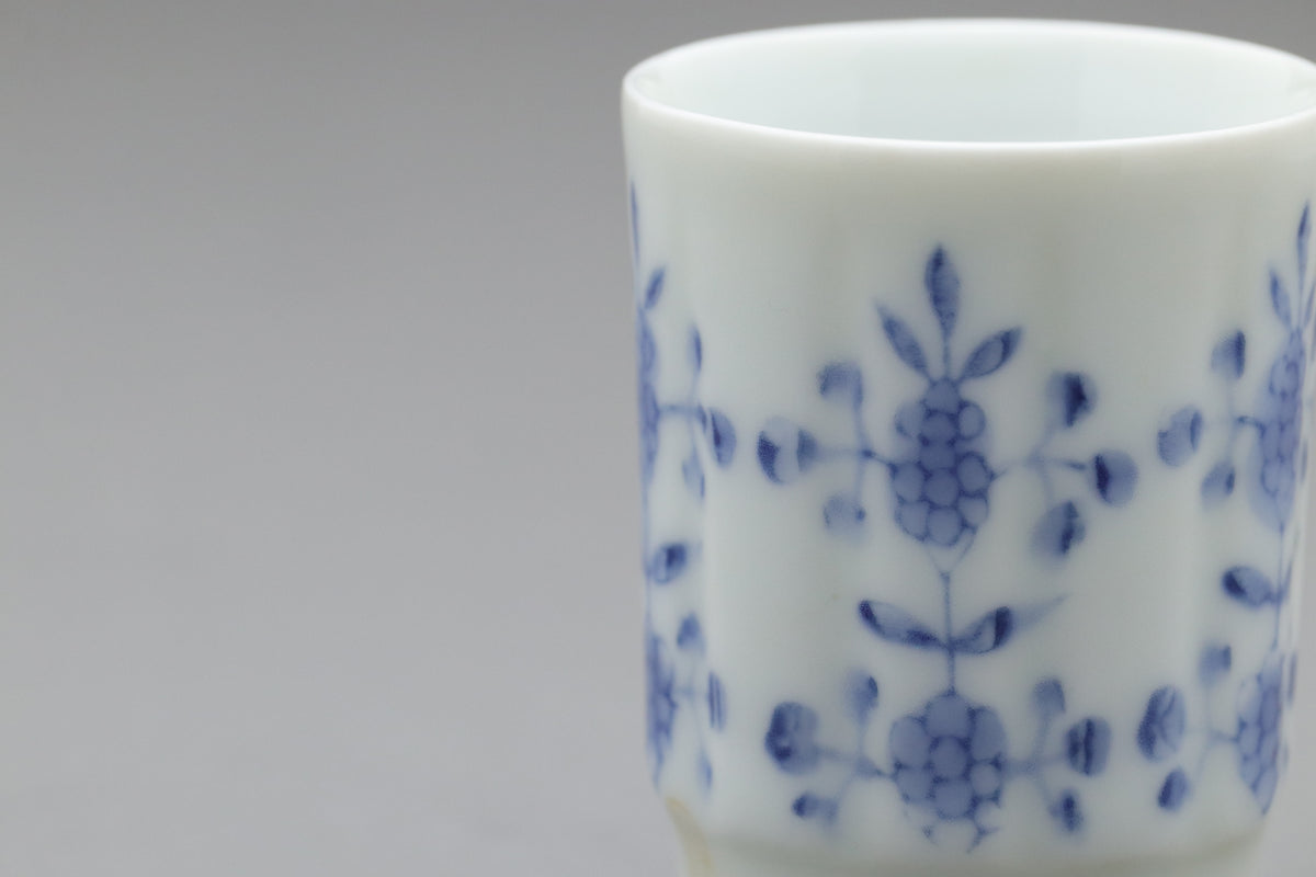 Japanese Sake Set | Arita Ware Kanzan | Blue and White Porcelain | Hand Painted Floral | Fluted Tokkurri Carafe and Ochoko Cup | Japan Arts