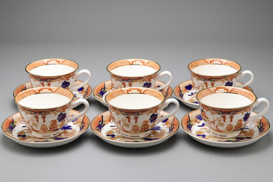 Vintage Nikko Japan | Double Phoenix | Tea Cup Saucer Set of 6 | Orange Blue Willow | Ironstone | Japanese Sansui China | Retro Dinnerware