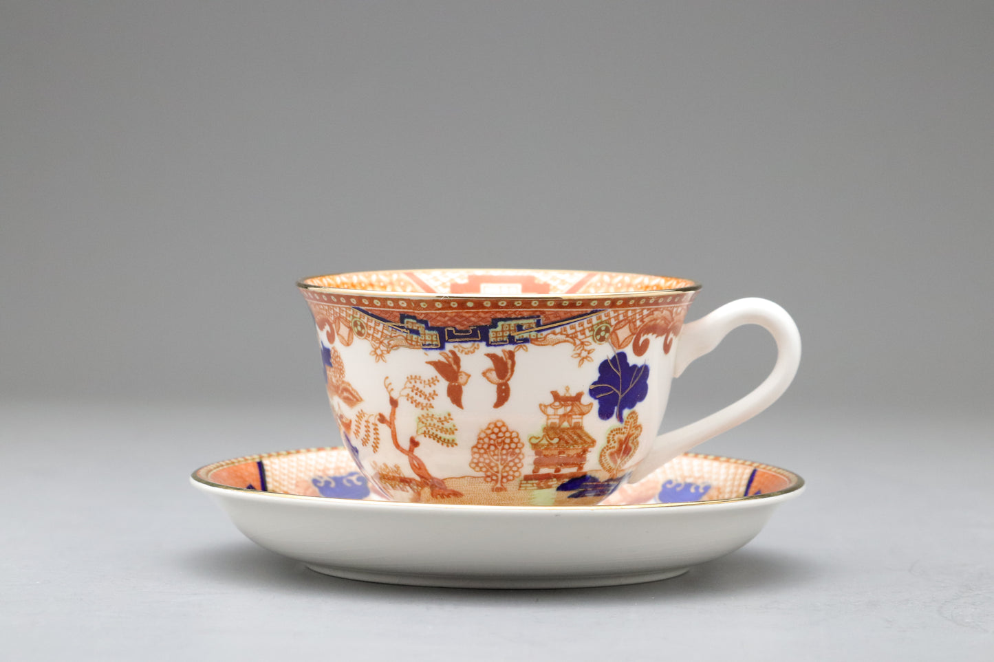 Vintage Nikko Japan | Double Phoenix | Tea Cup Saucer Set of 6 | Orange Blue Willow | Ironstone | Japanese Sansui China | Retro Dinnerware