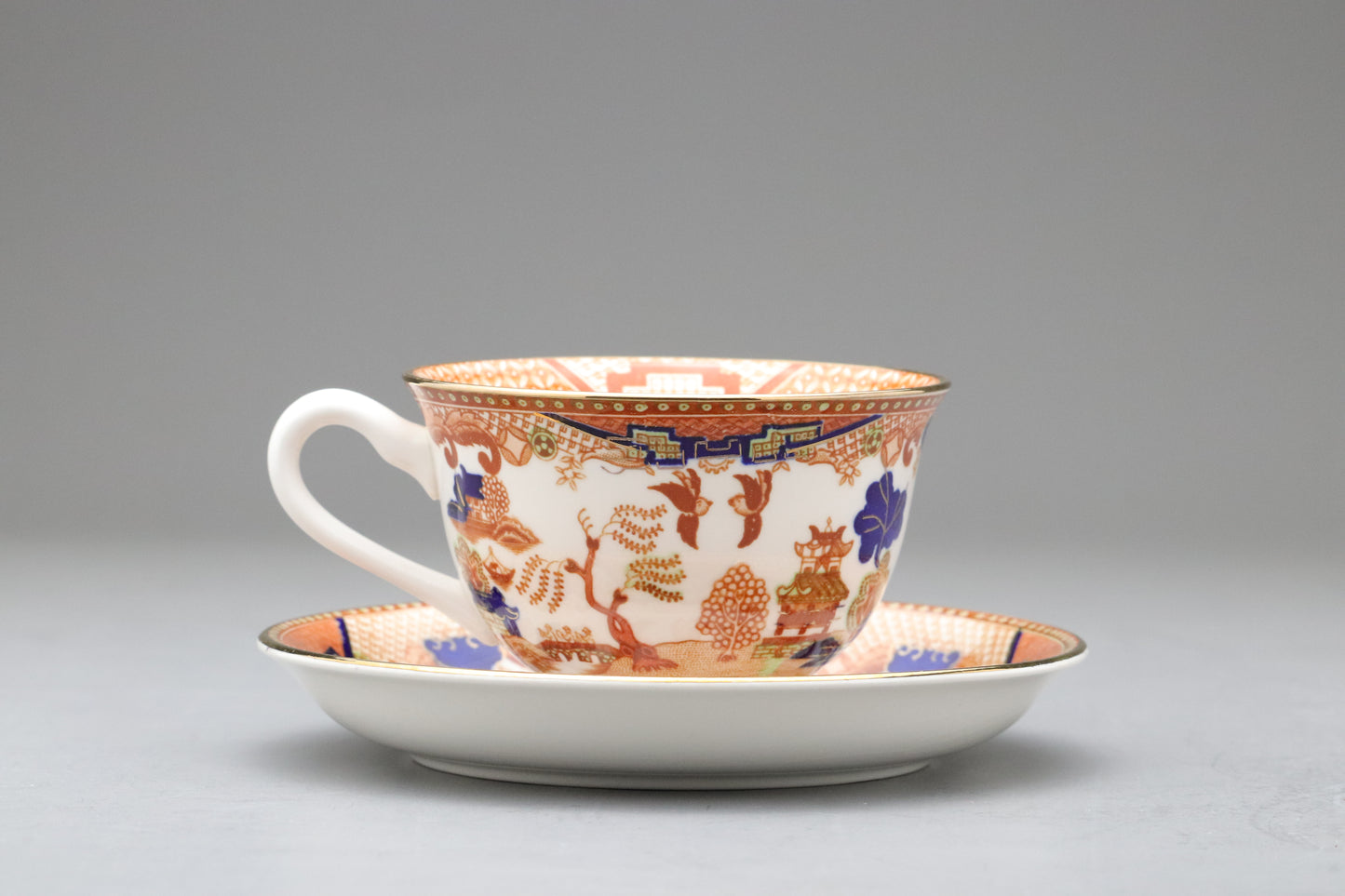 Vintage Nikko Japan | Double Phoenix | Tea Cup Saucer Set of 6 | Orange Blue Willow | Ironstone | Japanese Sansui China | Retro Dinnerware