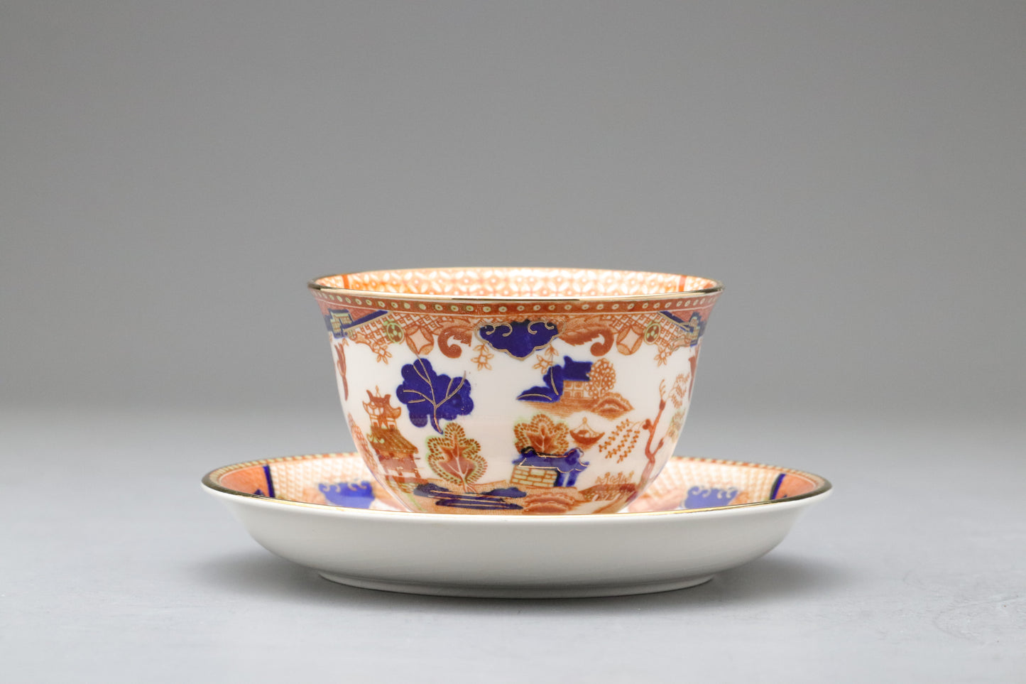 Vintage Nikko Japan | Double Phoenix | Tea Cup Saucer Set of 6 | Orange Blue Willow | Ironstone | Japanese Sansui China | Retro Dinnerware