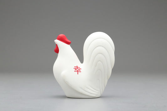 Japanese White Clay Rooster Figurine | Zodiac Sign Animal | Lucky Charm Happiness Kanji | Feng Shui Statue | Home Decor Ornament Japanese