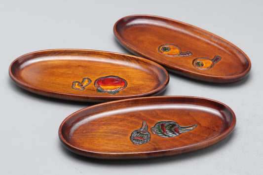 Japanese Vintage | Ujohbori | Wood Carving | Oshiborri Tray | Set of 3 | Urushi Lacquerware | Handcrafted | Oval Plate | Kitchen Tableware