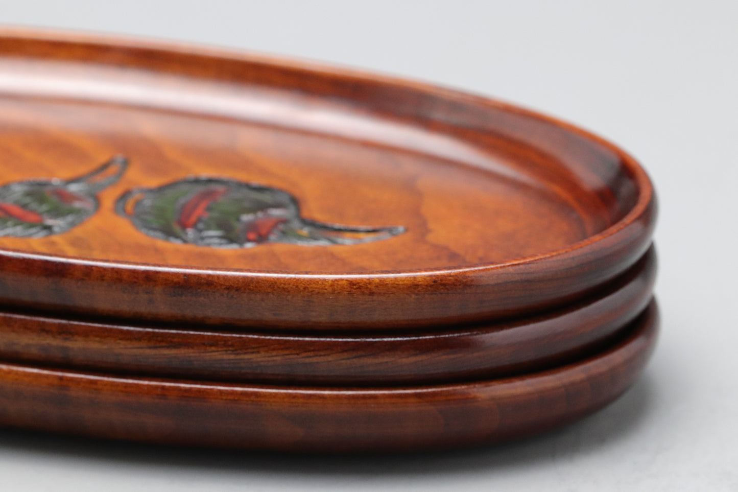 Japanese Vintage | Ujohbori | Wood Carving | Oshiborri Tray | Set of 3 | Urushi Lacquerware | Handcrafted | Oval Plate | Kitchen Tableware