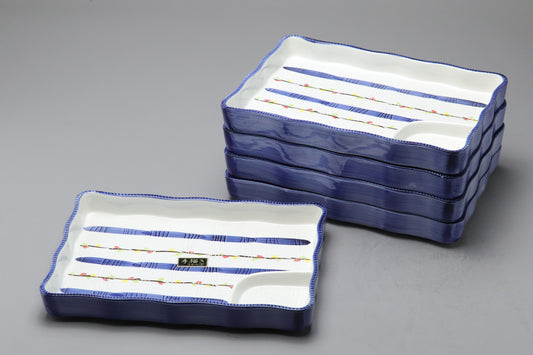 Japanese Ceramic Sushi Plate Set of 5 | Hand Painted Blue Stripes | Sectioned Sashimi Tray | Rectangular Serving Dish | Modern Vintage Style