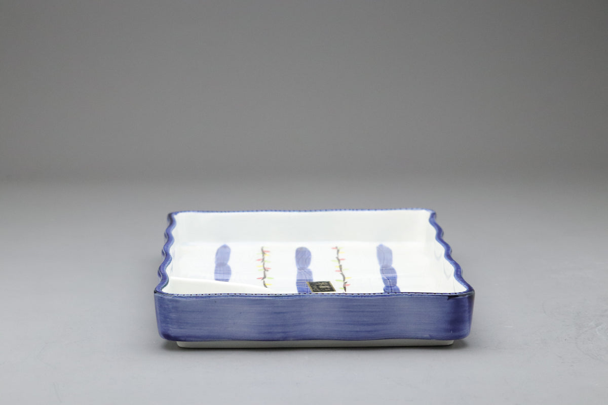 Japanese Ceramic Sushi Plate Set of 5 | Hand Painted Blue Stripes | Sectioned Sashimi Tray | Rectangular Serving Dish | Modern Vintage Style
