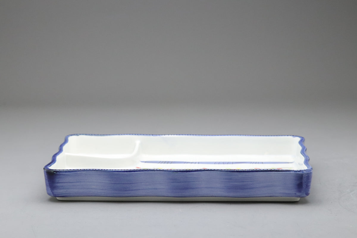 Japanese Ceramic Sushi Plate Set of 5 | Hand Painted Blue Stripes | Sectioned Sashimi Tray | Rectangular Serving Dish | Modern Vintage Style