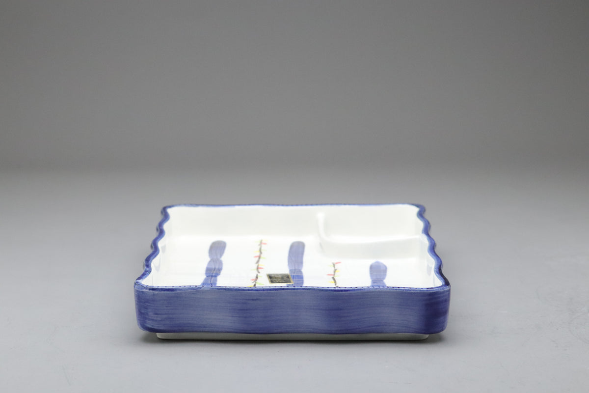 Japanese Ceramic Sushi Plate Set of 5 | Hand Painted Blue Stripes | Sectioned Sashimi Tray | Rectangular Serving Dish | Modern Vintage Style