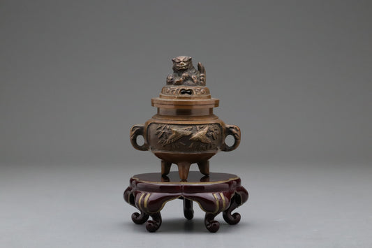 Japanese Bronze | Incense Burner | Shishi Lion | Bird Bamboo | Chrysanthemum | Tripod | Vintage Asian Art | With Stand | Zen Buddhist Decors