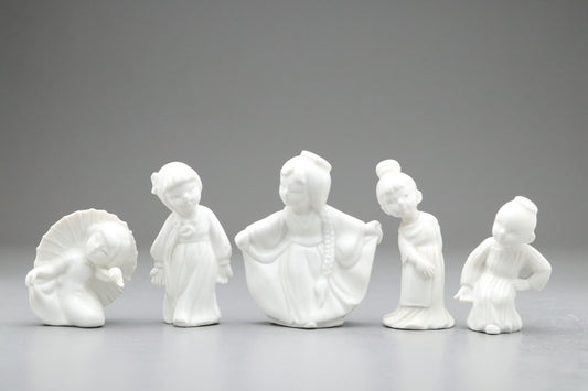 Vintage Asian | 5 Pcs White Porcelain Figurines | Chinese Dolls | Ceramic Statue | Oriental Decor | Minimalist Art | Shelf Ornament