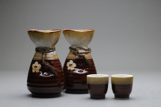 Japanese Sake Set 4 Pieces with 2 Tokkuri and 2 Ochoko | Vintage Pottery Brown Glaze Ume Plum Flower | Rustic Japanese Servingware Designers