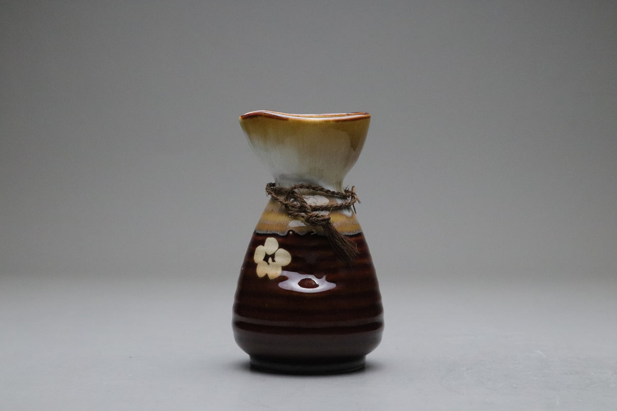 Japanese Sake Set 4 Pieces with 2 Tokkuri and 2 Ochoko | Vintage Pottery Brown Glaze Ume Plum Flower | Rustic Japanese Servingware Designers